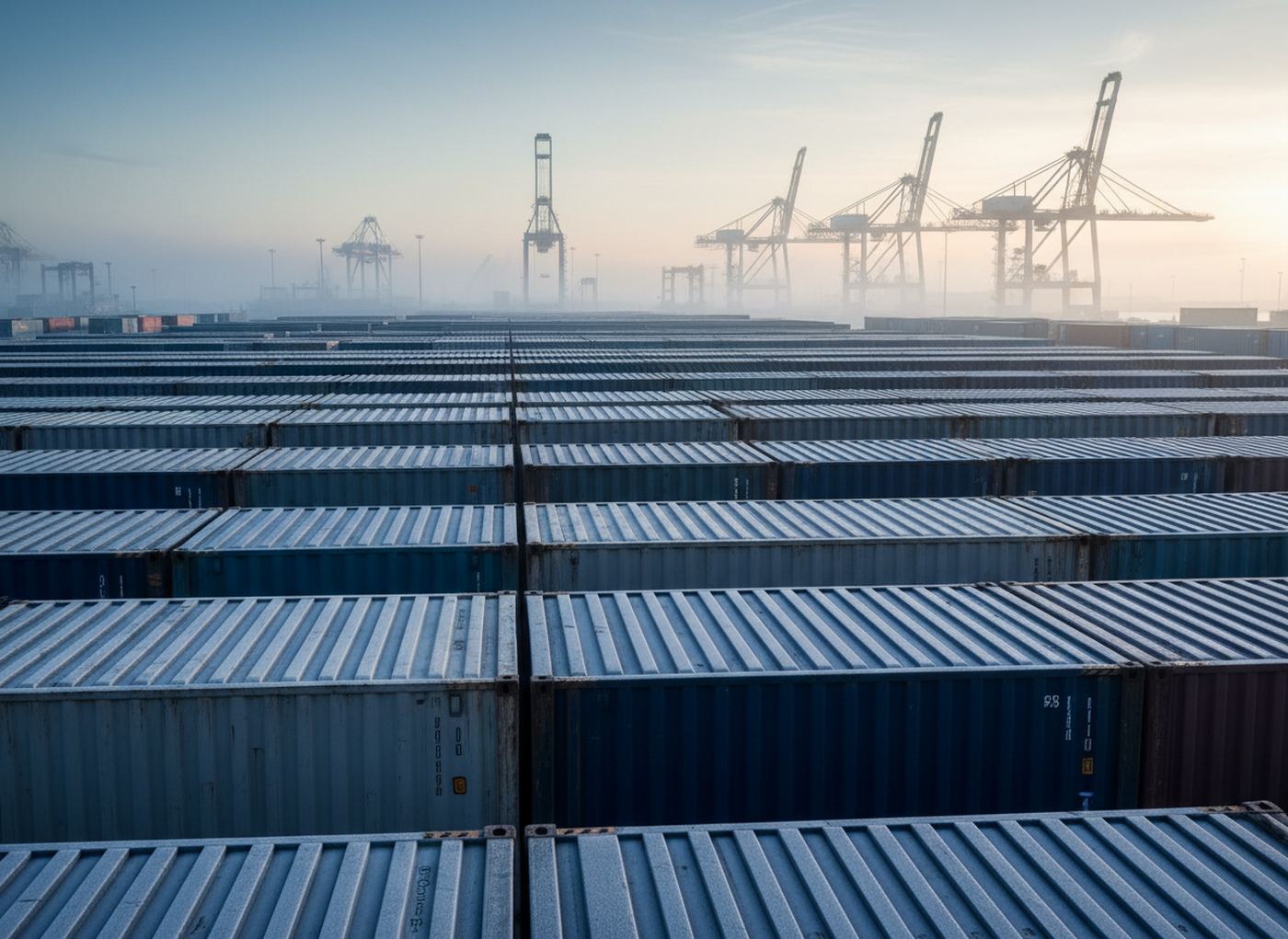 Rows of frosted refrigerated shipping containers in a port at dawn, cranes in the fog
